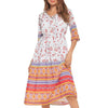 Chiffon 3/4 Sleeve Print Knee Length V Neck Elastic Waist Vacation Dresses