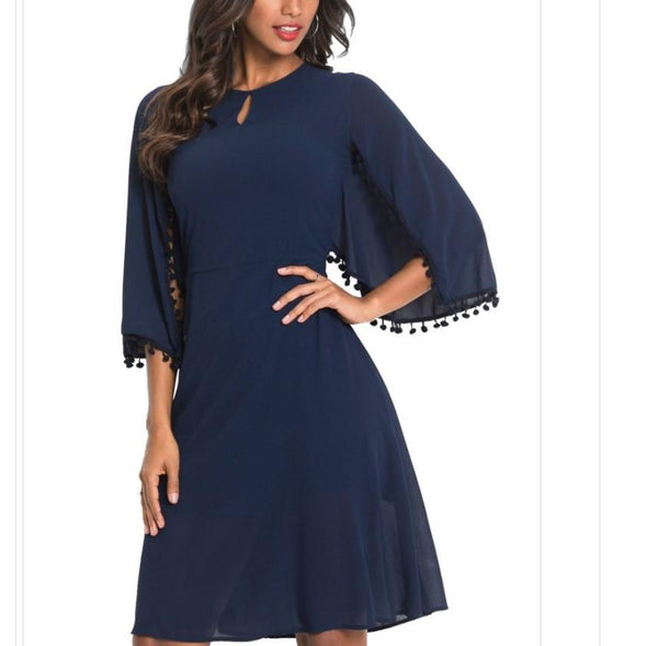 Chiffon Bell Sleeve Round Neck High Waist Vacation Dresses