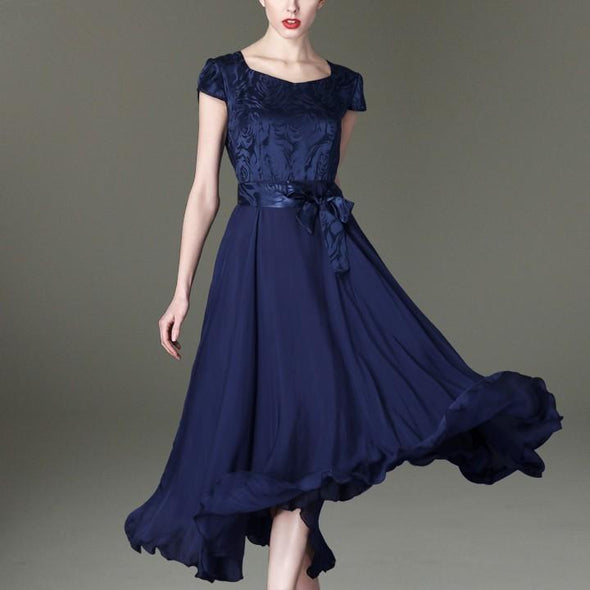 Chiffon Short sleeve Round neck Bowknot Plus size maxi Dresses