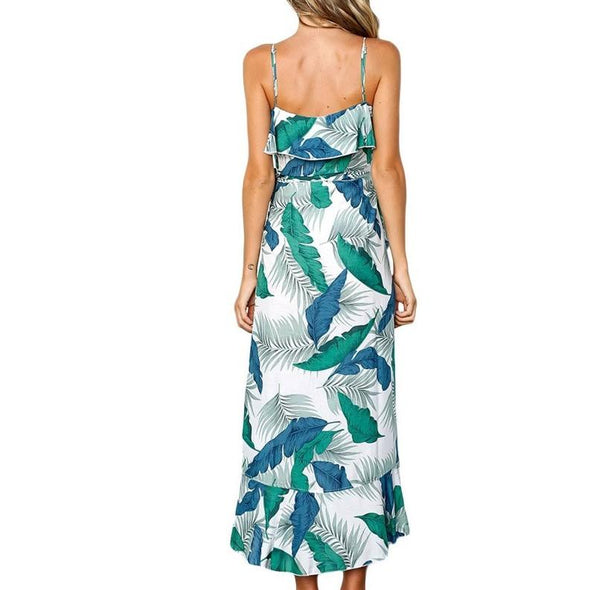 Chiffon Sleeveless Print Midi V Neck High Waist Floral Dresses