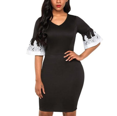 Bell Sleeve Knee Length V-neck Patchwork Bodycon Dresses