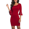 Bell Sleeve Round Neck Openwork High Waist Bodycon Dresses