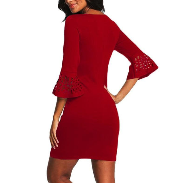 Bell Sleeve Round Neck Openwork High Waist Bodycon Dresses