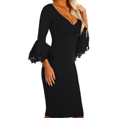 Bell Sleeve Black Knee Length V- neck High Waist Bodycon Dresses