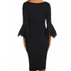 Bell Sleeve Black Knee Length V- neck High Waist Bodycon Dresses