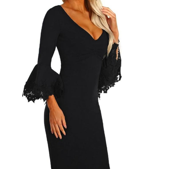 Bell Sleeve Black Knee Length V- neck High Waist Bodycon Dresses