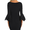 Bell Sleeve Black Knee Length V- neck High Waist Bodycon Dresses