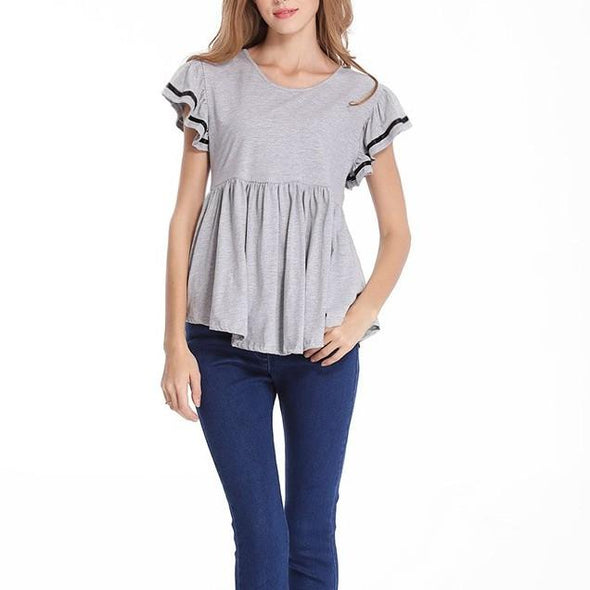 Cotton Short Sleeve Wood Ear Sleeve Round Neck Plus Size Tops