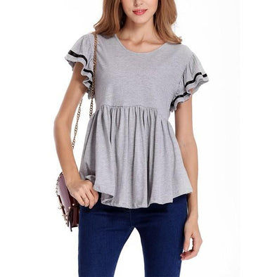 Cotton Short Sleeve Wood Ear Sleeve Round Neck Plus Size Tops