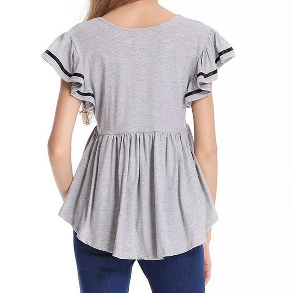 Cotton Short Sleeve Wood Ear Sleeve Round Neck Plus Size Tops