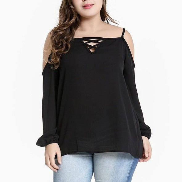 Cold Shoulder Long sleeve Off Shoulder Openwork Plus size Tops