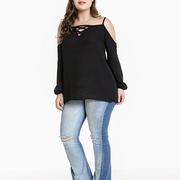 Cold Shoulder Long sleeve Off Shoulder Openwork Plus size Tops