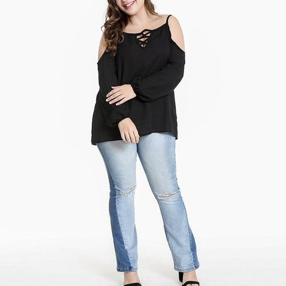 Cold Shoulder Long sleeve Off Shoulder Openwork Plus size Tops