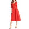 Fashion Solid 3/4 Sleeve V-Neck High Waist Midi Dress