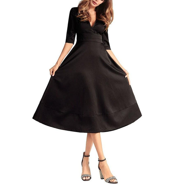 Fashion Solid 3/4 Sleeve V-Neck High Waist Midi Dress