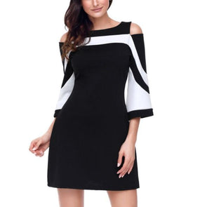 Women 3/4 Sleeve Square Collar Patchwork Bodycon Dresses