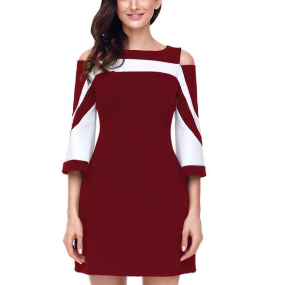 Women 3/4 Sleeve Square Collar Patchwork Bodycon Dresses