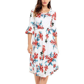 Bell Sleeve Print Midi Round Neck High Waist Summer Floral Dresses