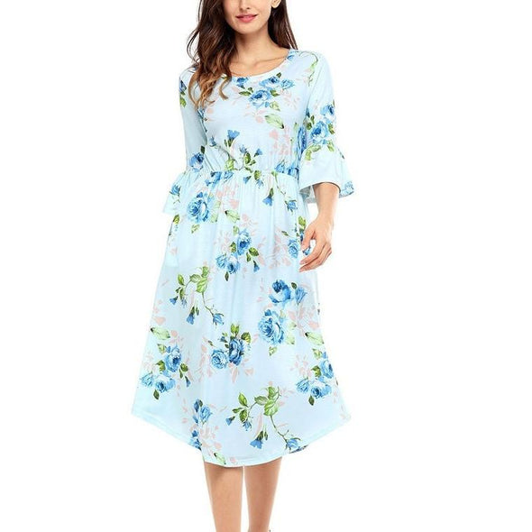 Bell Sleeve Print Midi Round Neck High Waist Summer Floral Dresses