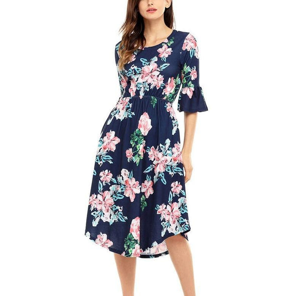 Bell Sleeve Print Midi Round Neck High Waist Summer Floral Dresses