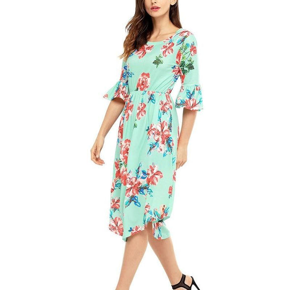 Bell Sleeve Print Midi Round Neck High Waist Summer Floral Dresses