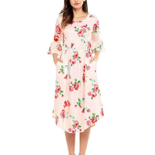 Bell Sleeve Print Midi Round Neck High Waist Summer Floral Dresses