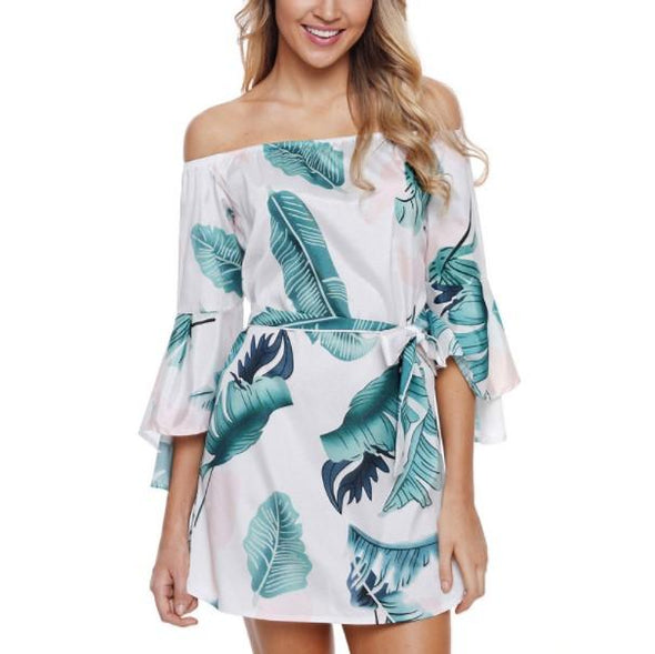 3/4 Bell Sleeve Print Off Shoulder Bowknot Floral Dresses