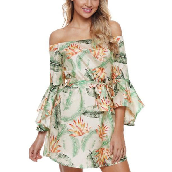 3/4 Bell Sleeve Print Off Shoulder Bowknot Floral Dresses