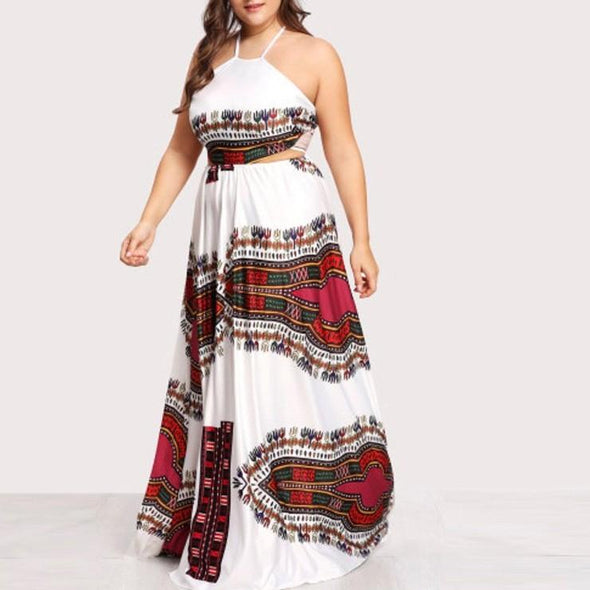 Cold Shoulder Sleeveless Print Off Shoulder Plus size maxi Dresses