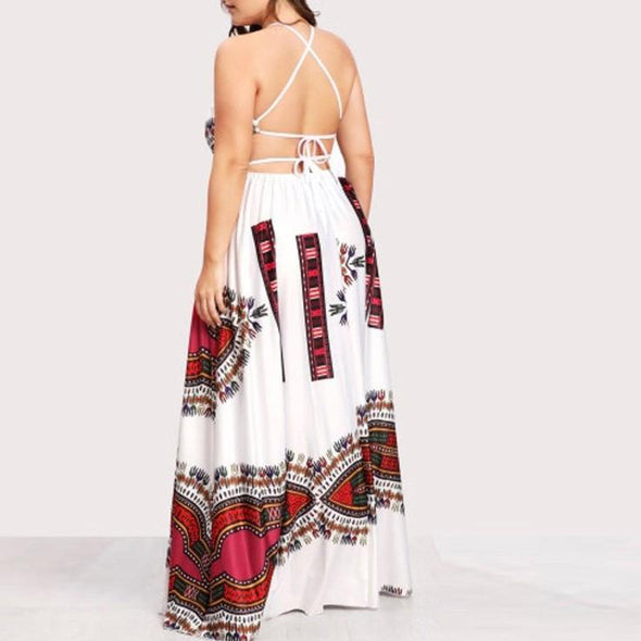 Cold Shoulder Sleeveless Print Off Shoulder Plus size maxi Dresses