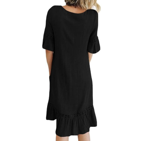 Bell Sleeve Midi Round Neck Openwork Middle Waist Vacation Dresses