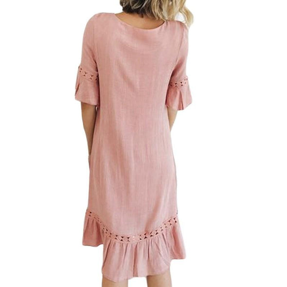 Bell Sleeve Midi Round Neck Openwork Middle Waist Vacation Dresses