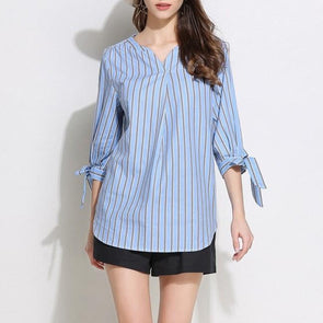 3/4 sleeve Stripe V neck Bowknot Plus size Tops