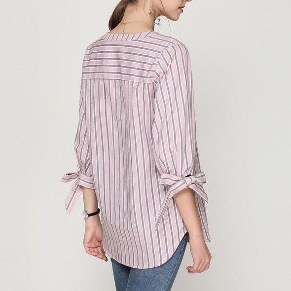 3/4 sleeve Stripe V neck Bowknot Plus size Tops