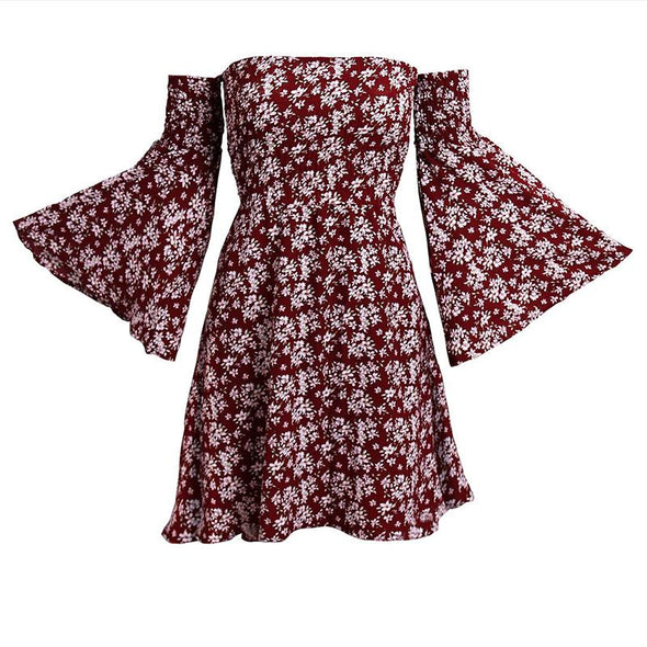 Bell Sleeve Print Mini Off Shoulder Floral Dresses