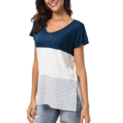 Cotton Hit color Short sleeve Stripe Patchwork Round neck T-shirt