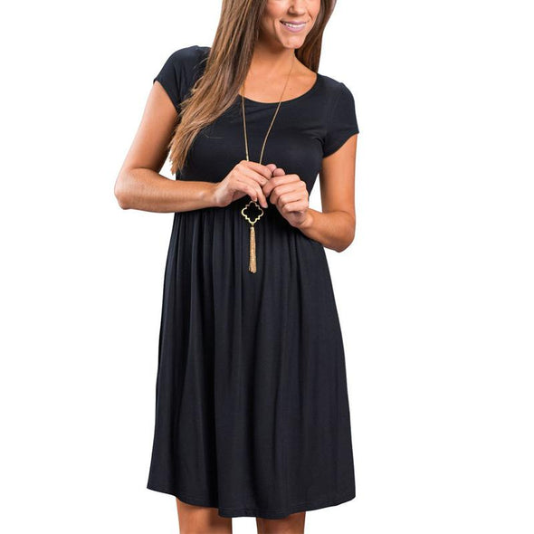 Cotton Short Sleeve Round Neck Elastic Waist Vacation Dresses