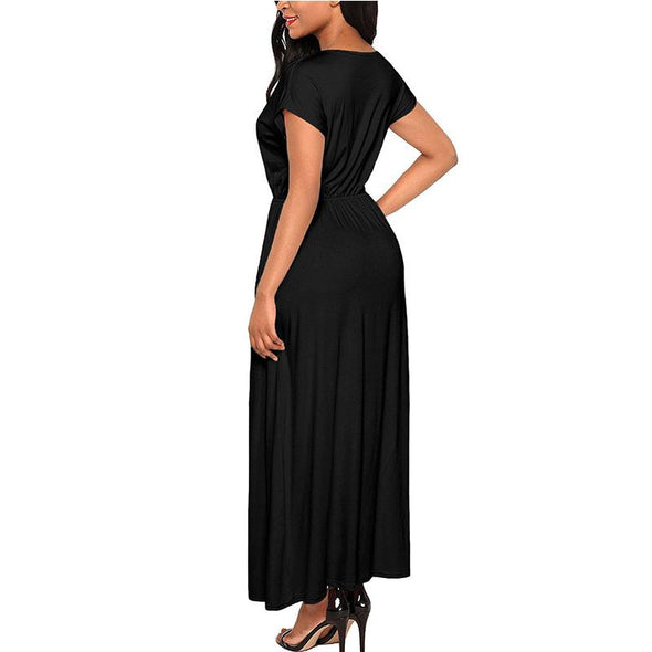 Cotton Short sleeve Elastic waist V neck Maxi Dresses