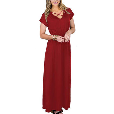 Cotton Short sleeve Elastic waist V neck Maxi Dresses