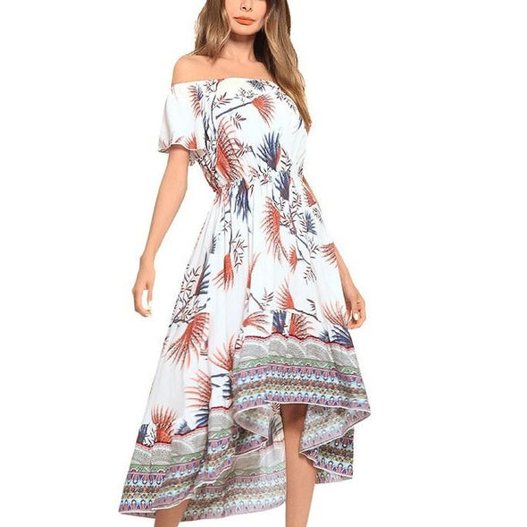 Cold Shoulder Print Off Shoulder Elastic waist Maxi Dresses