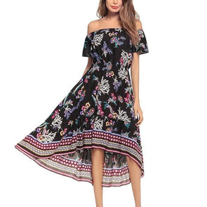 Cold Shoulder Print Off Shoulder Elastic waist Maxi Dresses