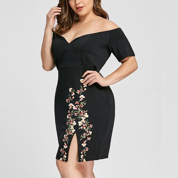 Black Mini V neck Embroidery Plus size bodycon Dresses