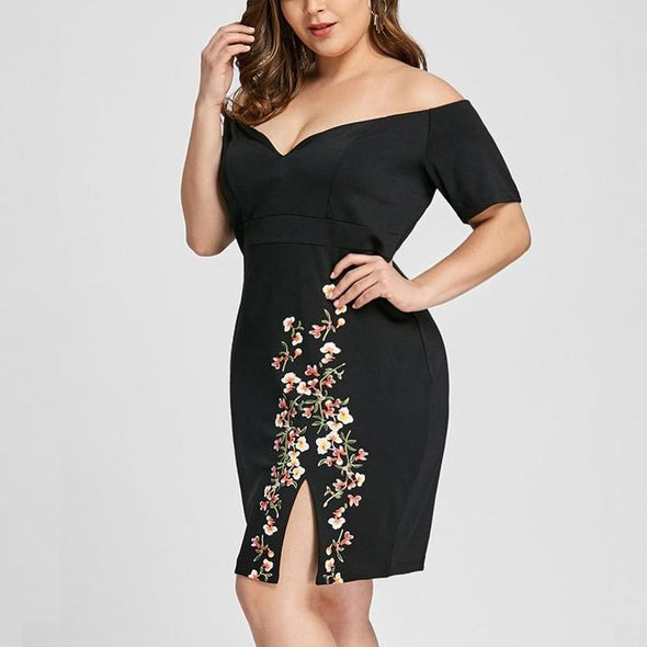 Black Mini V neck Embroidery Plus size bodycon Dresses