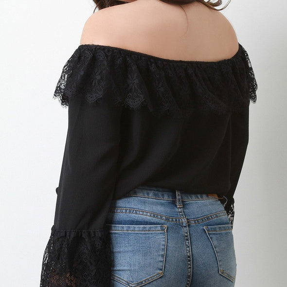 Bell sleeve black Off Shoulder Plus size Tops