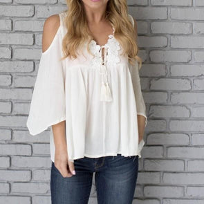 Chiffon 3/4 sleeve Cold Shoulder white V neck Blouses