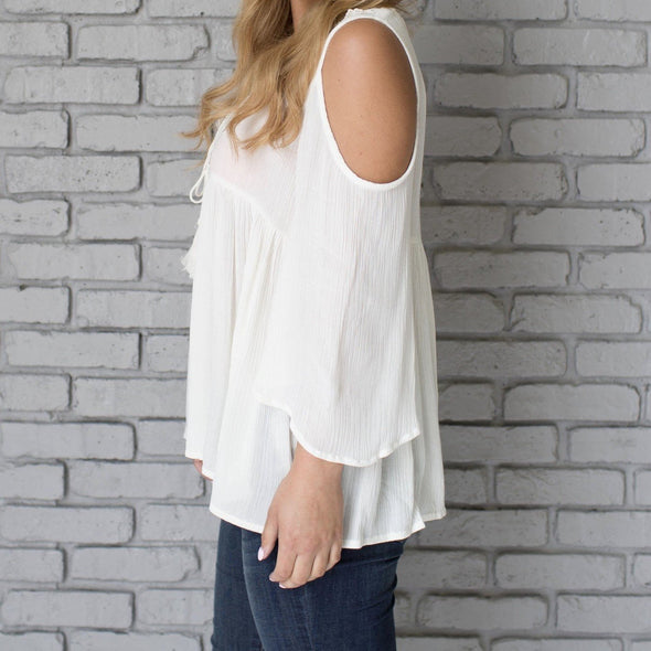 Chiffon 3/4 sleeve Cold Shoulder white V neck Blouses