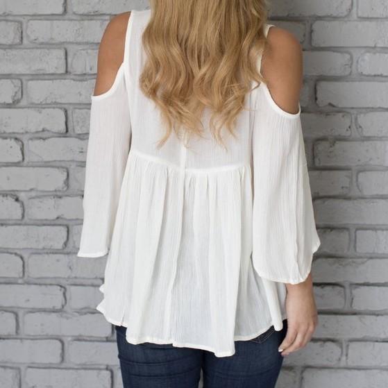 Chiffon 3/4 sleeve Cold Shoulder white V neck Blouses