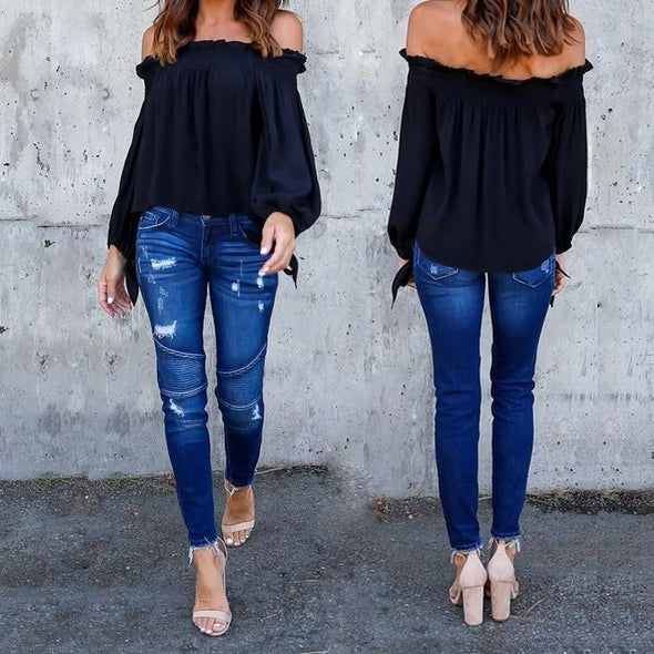 Chiffon Long Sleeve Off Shoulder Blouses