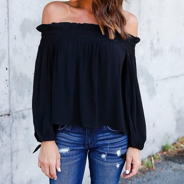 Chiffon Long Sleeve Off Shoulder Blouses