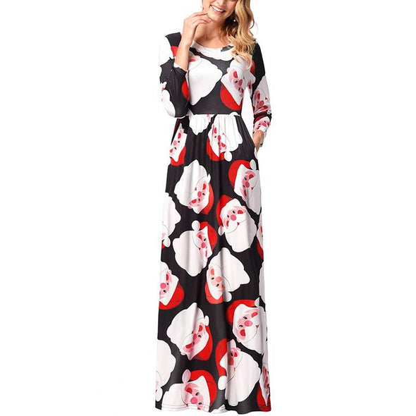 Christmas Style Long sleeve Print Round neck Maxi Dresses